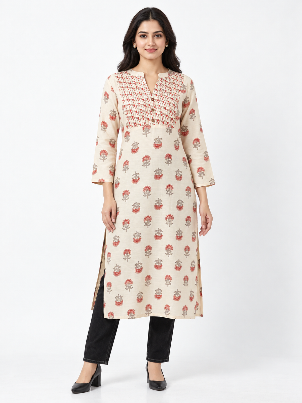 Ivory Botanical Print Cotton Kurti - product view 1