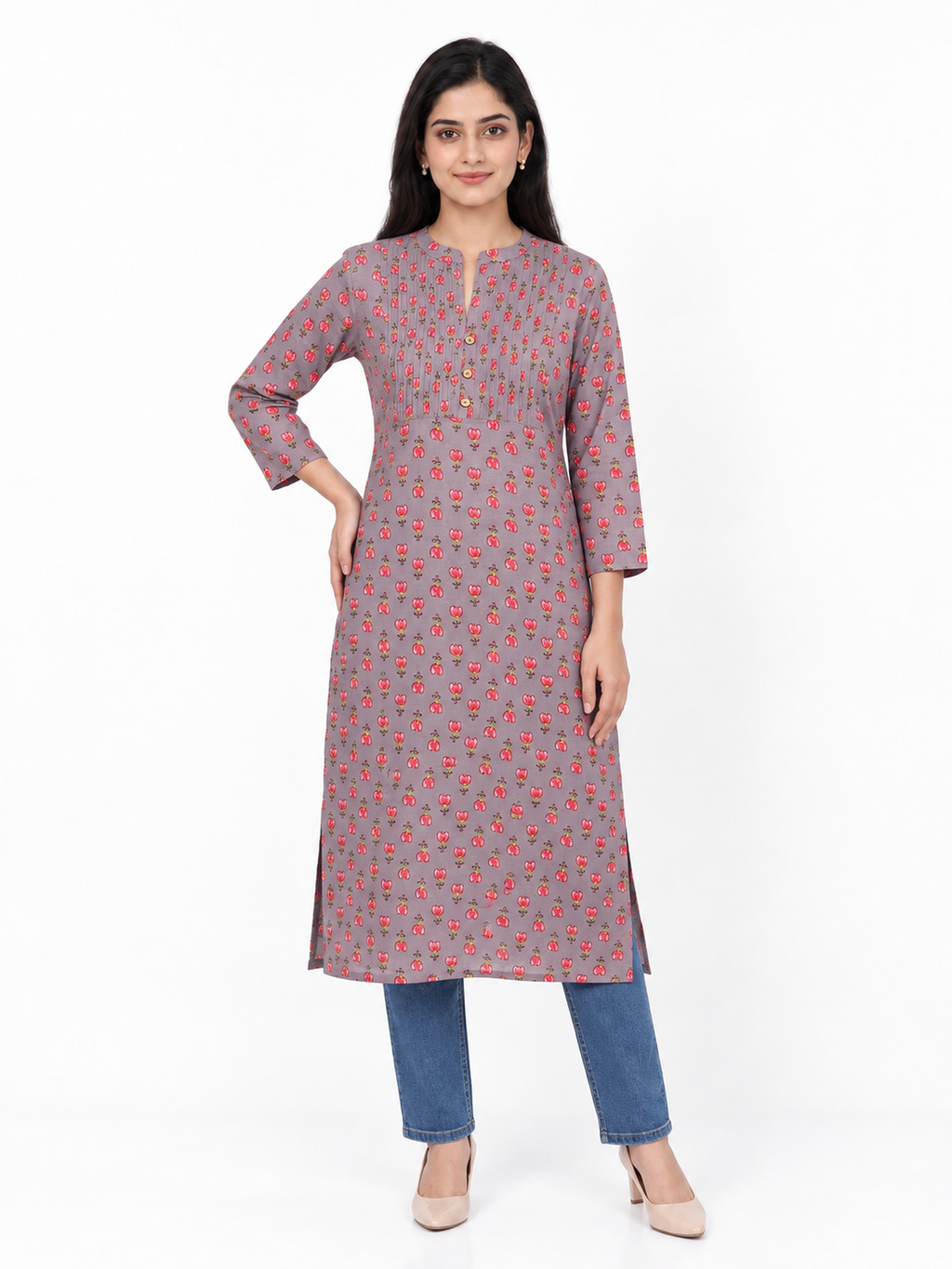 Dark Grey Tulip Print Cotton Kurti - product view 1