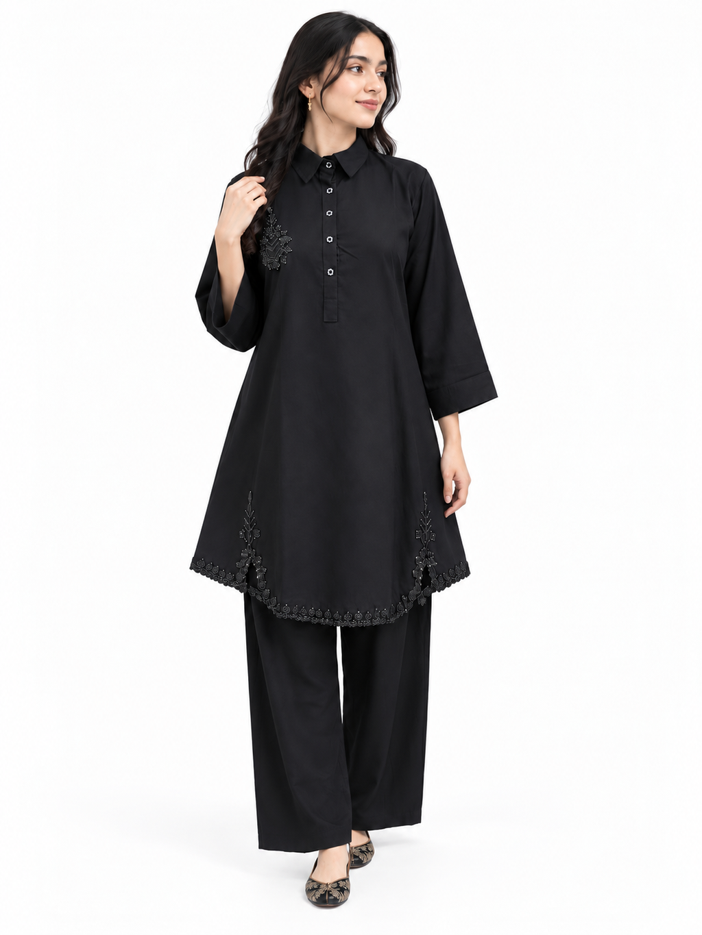 Bead-Embroidered Scallop Hem Co-ord Set in Black - product view 1