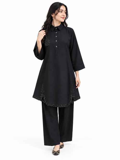 Bead-Embroidered Scallop Hem Co-ord Set in Black - product view 1