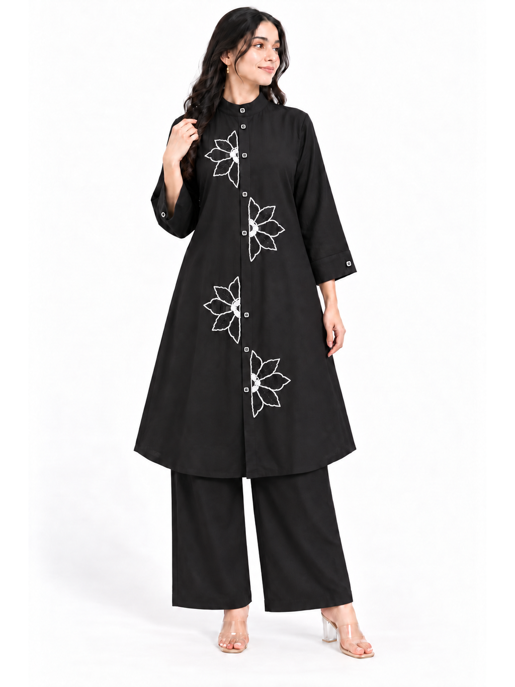 Floral Handwork Chinon Co-ord Set in Black - product view 1