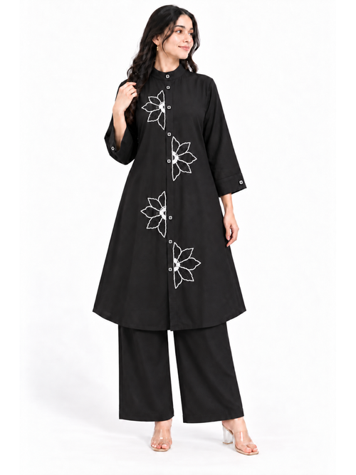Floral Handwork Chinon Co-ord Set in Black - product view 1