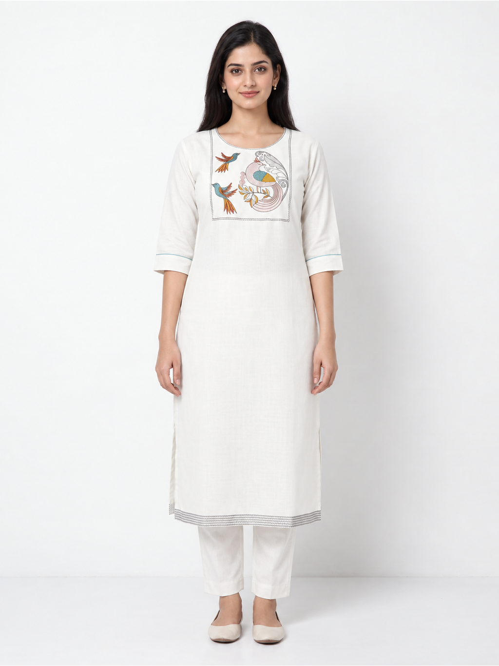 Off-White Bird Embroidered Cotton-Blend Kurti - product view 1