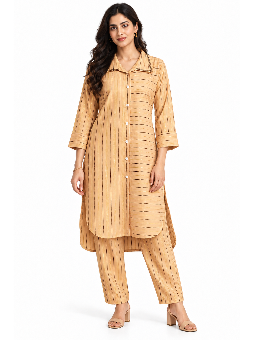 Light Brown Striped Cotton Co-ord Set - product view 1