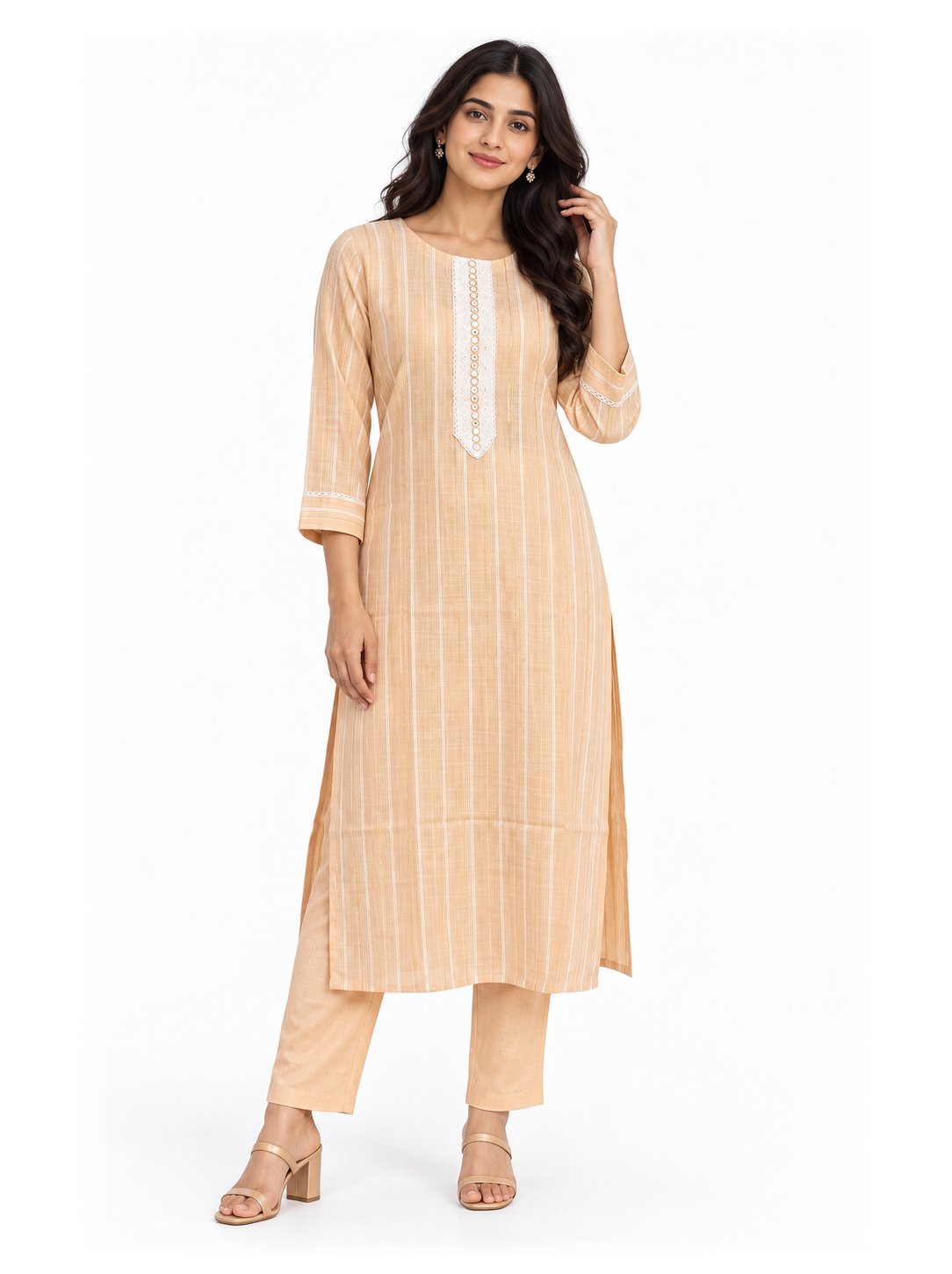 Light Orange Embroidered Cotton Kurta Pant Set - product view 1
