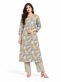 Powder Blue Floral Poly-Cotton Kurta Set - product view 1