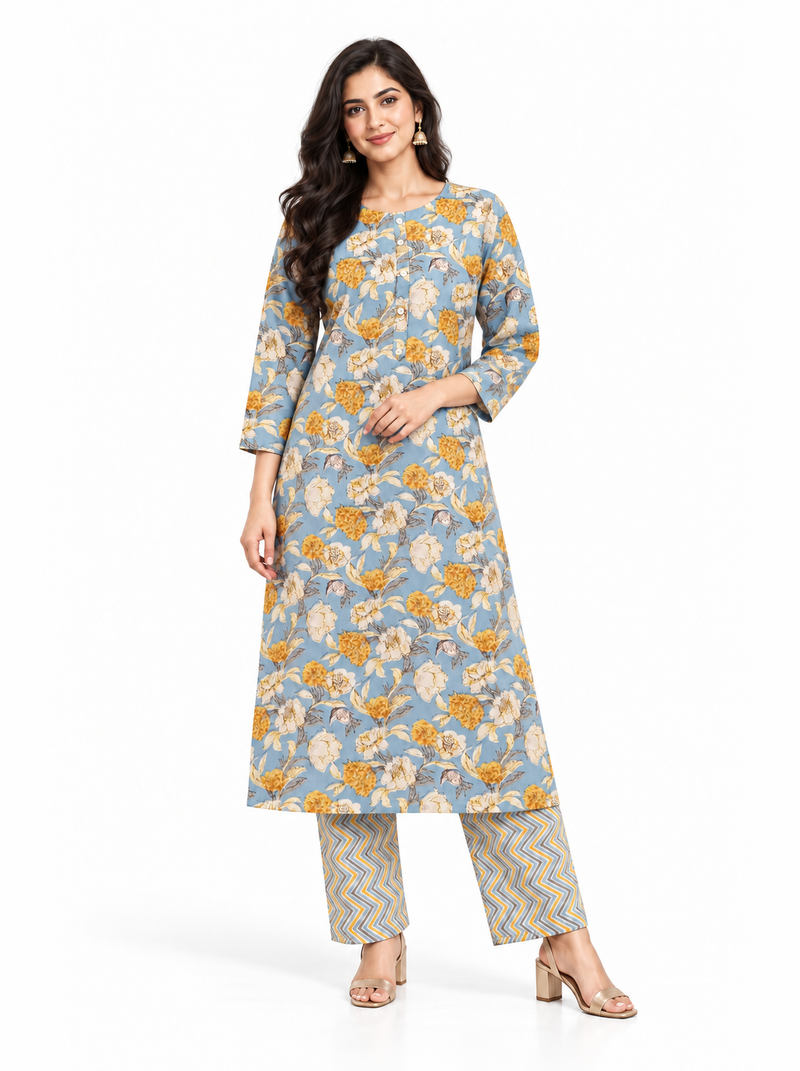Powder Blue Floral Poly-Cotton Kurta Set
