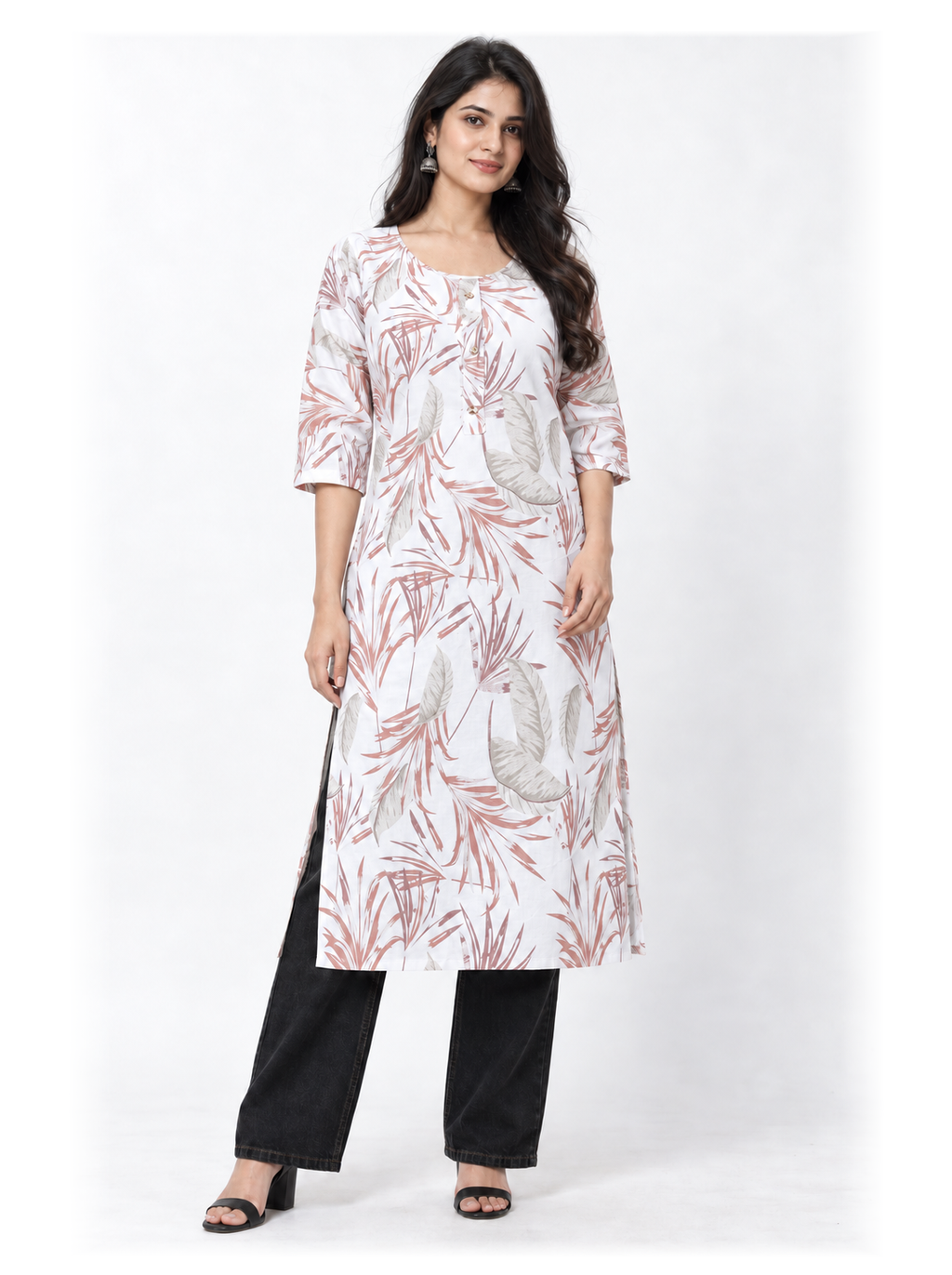 White Pastel Leaf Print Cotton Kurti - product view 1