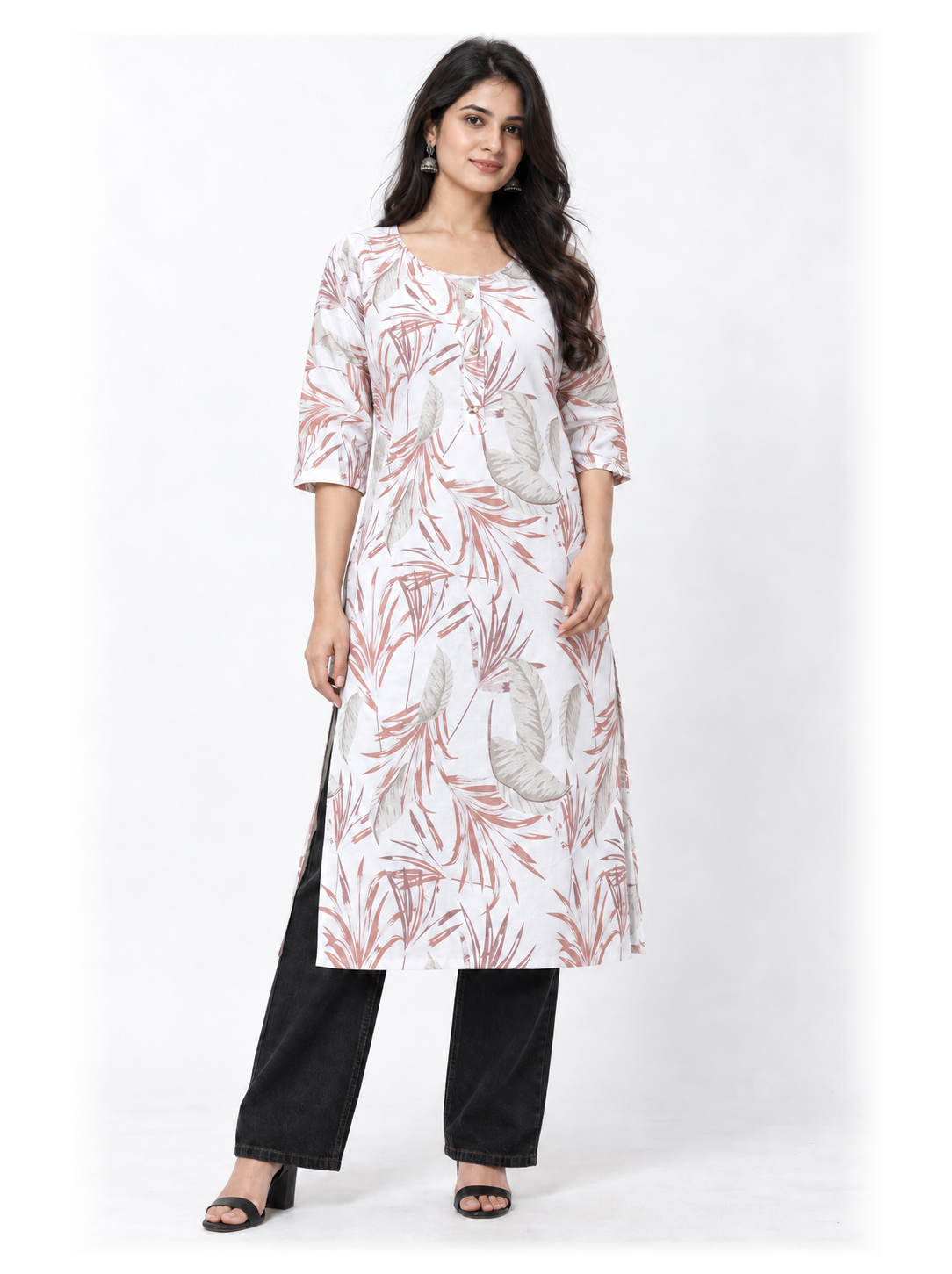 White Pastel Leaf Print Cotton Kurti - product view 1