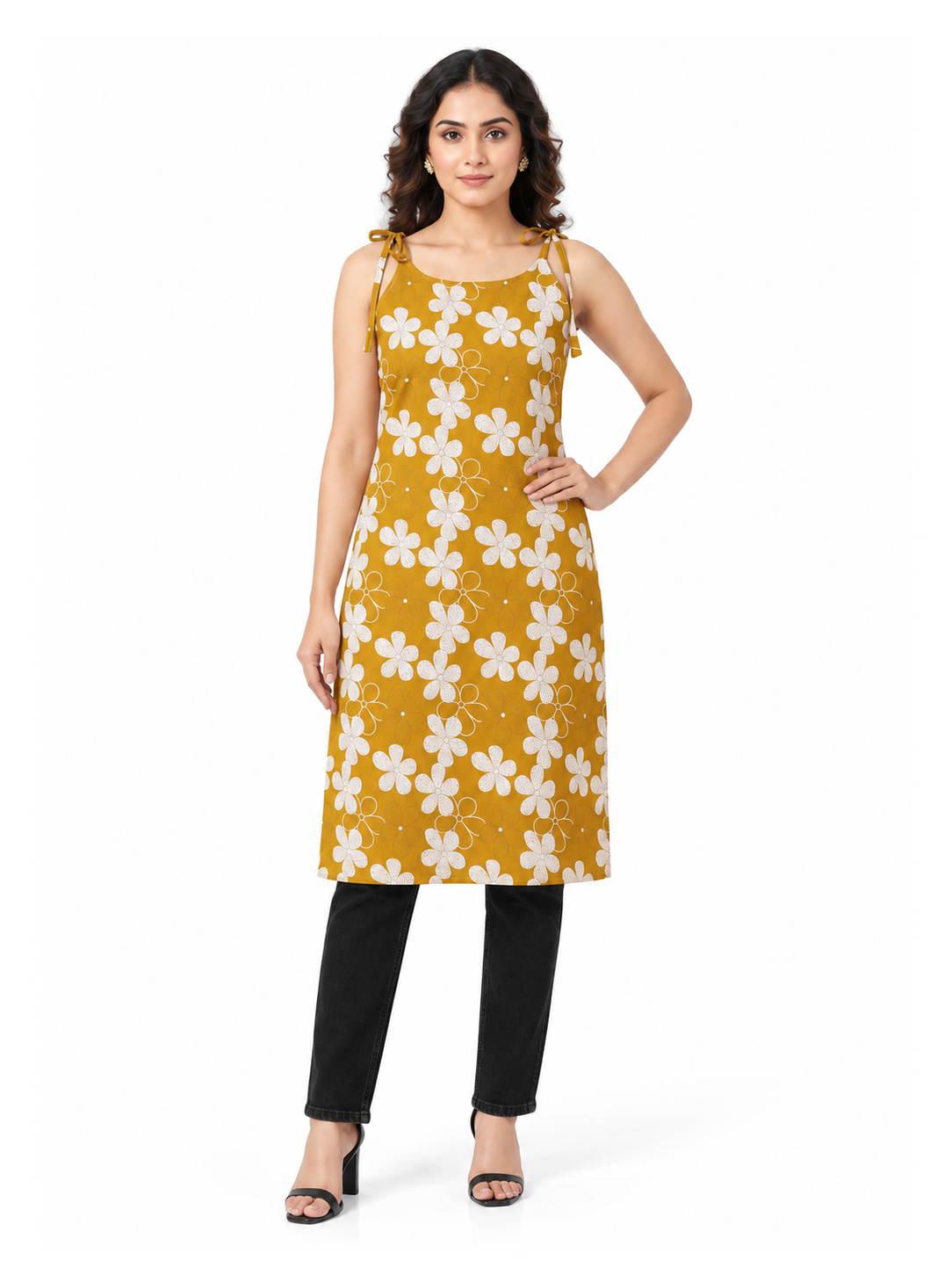 Mustard Floral Tie-Shoulder Cotton Kurti - product view 1