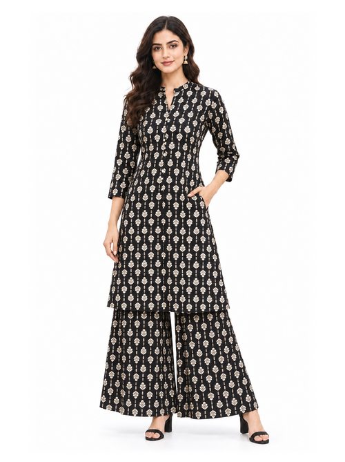 Black Printed Rayon Kurta Palazzo Set - product view 1