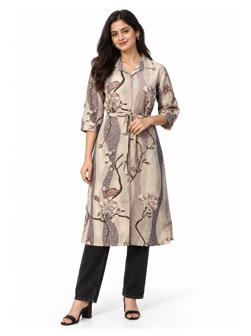 Grey Handloom Cotton Belted Kurti
