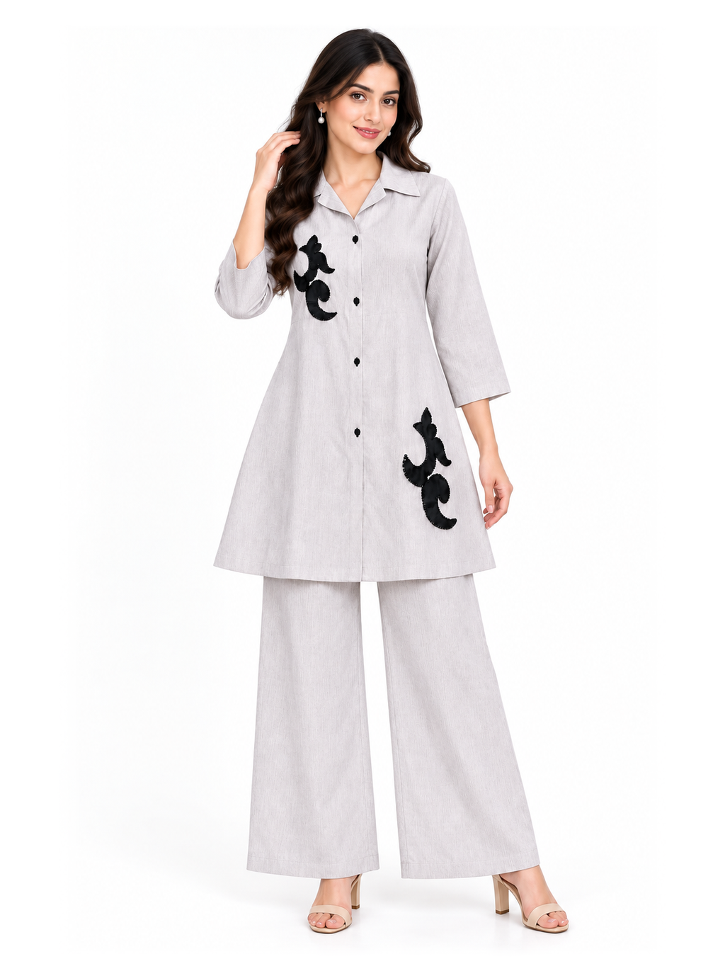 Embellished Shirt Co-ord Set in Pearl Grey - product view 1