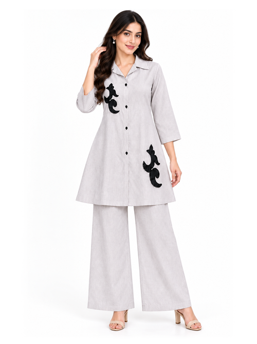 Embellished Shirt Co-ord Set in Pearl Grey - product view 1