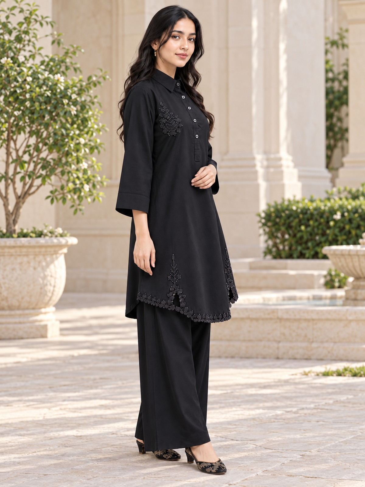 Bead-Embroidered Scallop Hem Co-ord Set in Black - product view 3