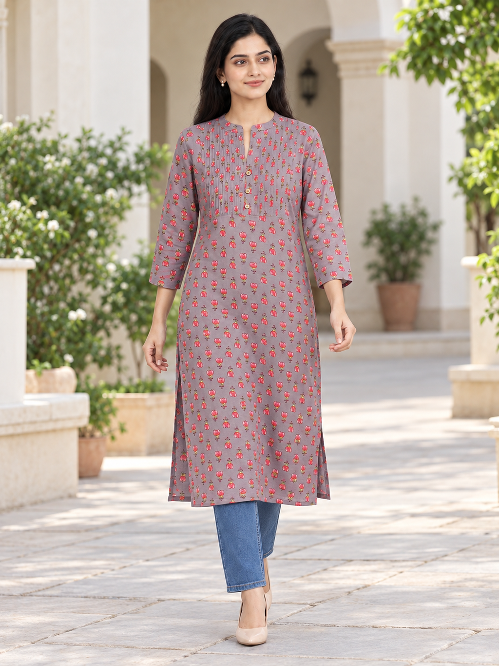 Dark Grey Tulip Print Cotton Kurti - product view 3