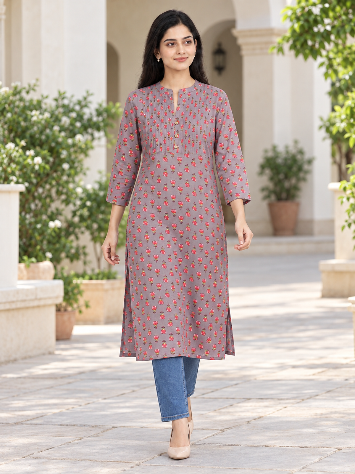 Dark Grey Tulip Print Cotton Kurti - product view 3