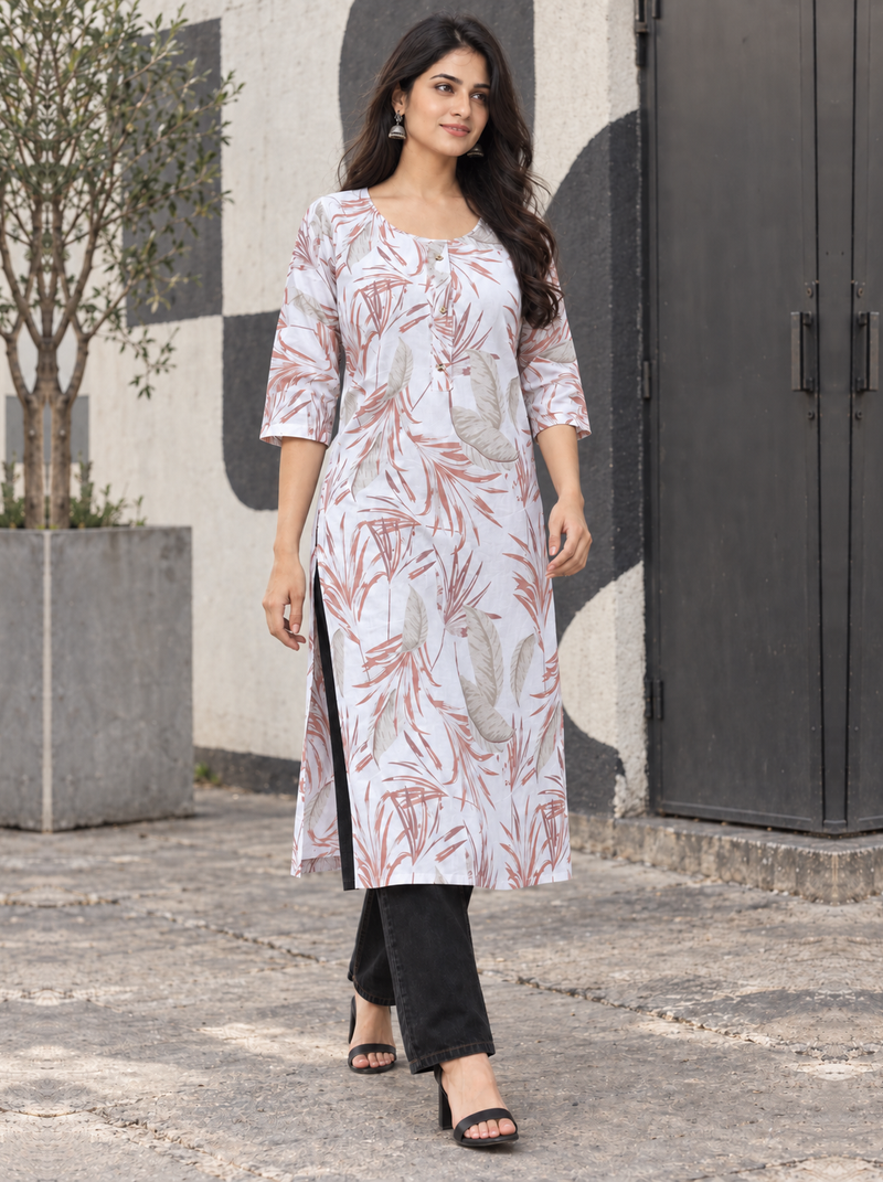 White Pastel Leaf Print Cotton Kurti