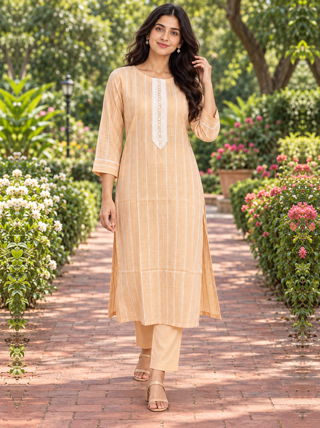 Light Orange Embroidered Cotton Kurta Pant Set - product view 2