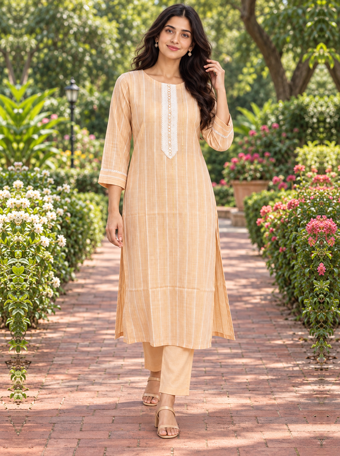 Light Orange Embroidered Cotton Kurta Pant Set - product view 2