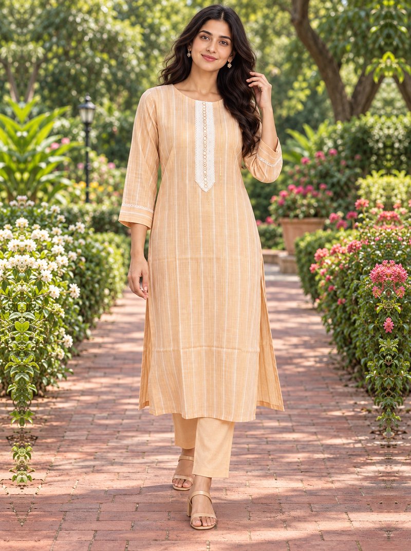 Light Orange Embroidered Cotton Kurta Pant Set