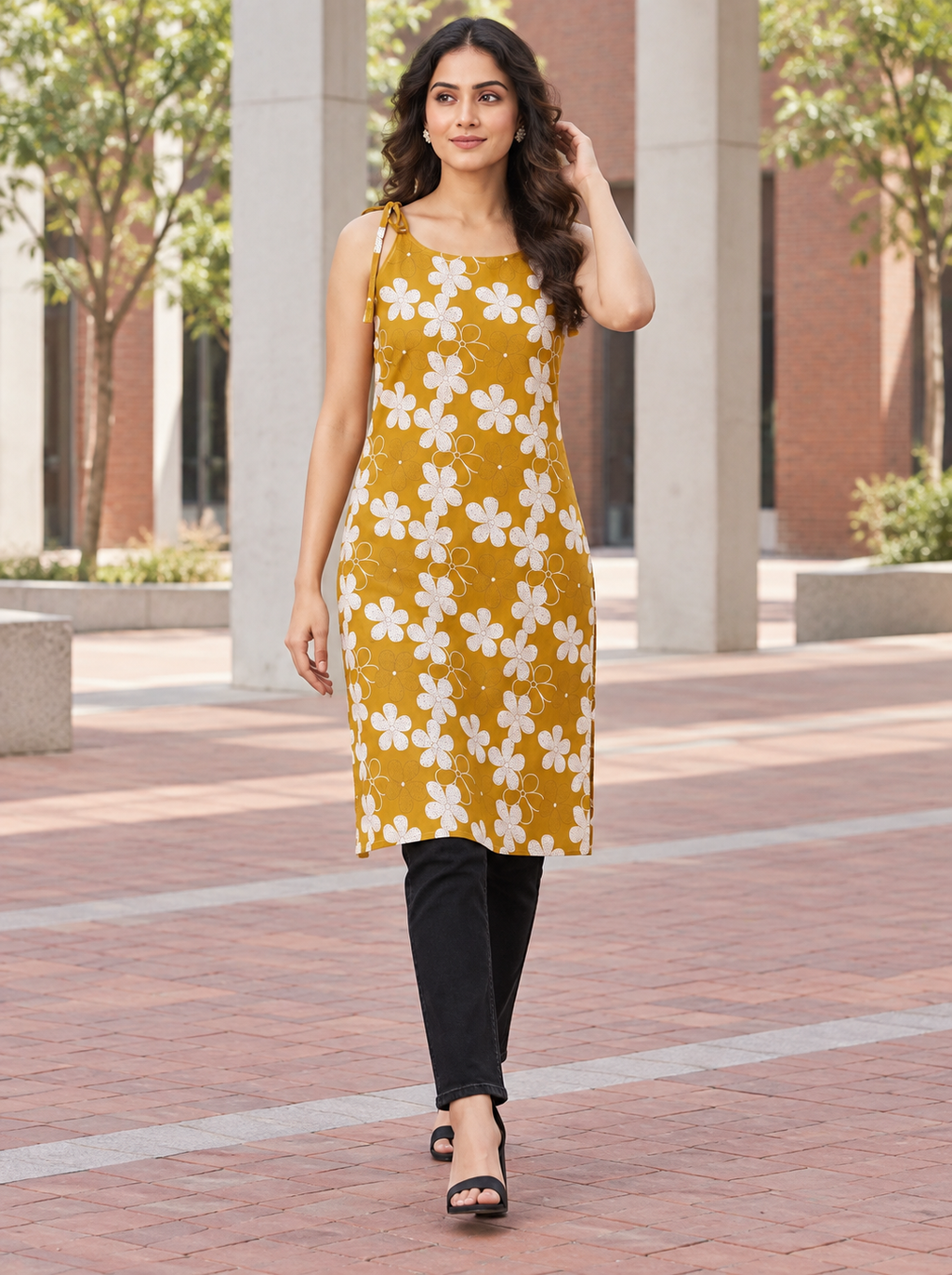Mustard Floral Tie-Shoulder Cotton Kurti - product view 2