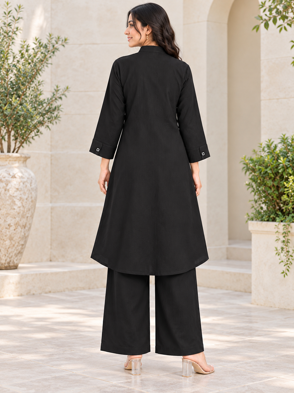 Floral Handwork Chinon Co-ord Set in Black - product view 3