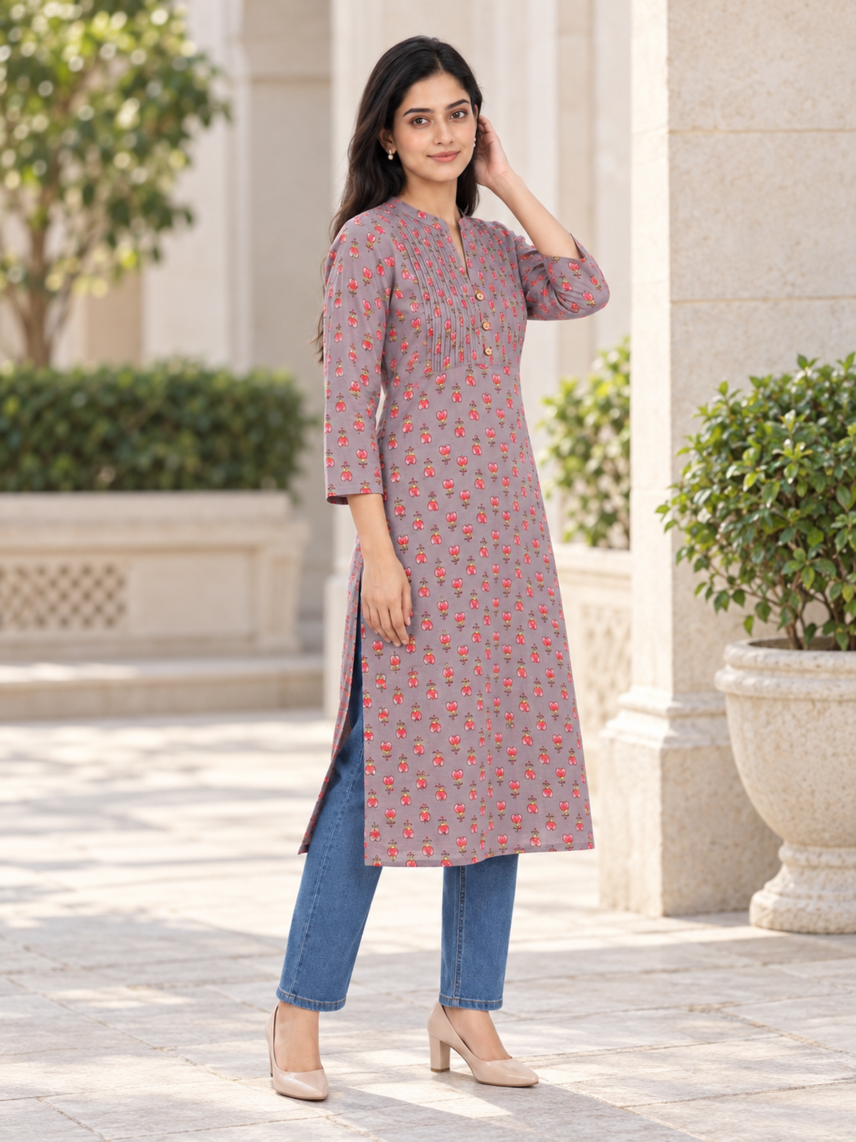 Dark Grey Tulip Print Cotton Kurti - product view 5