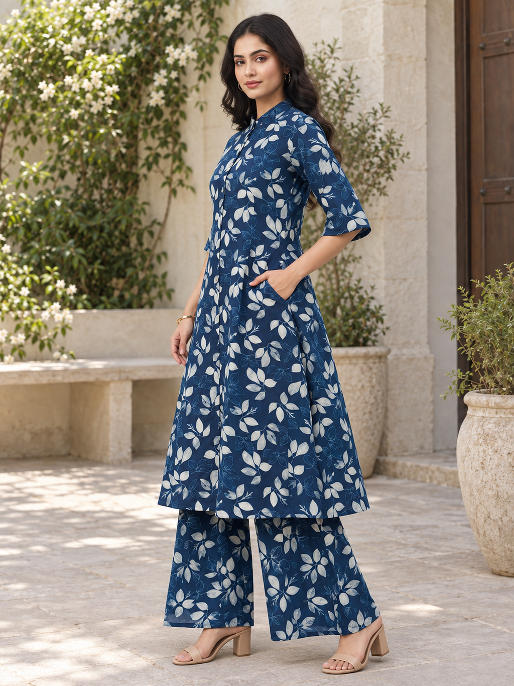Navy Floral Rayon Kurta Palazzo Set - product view 2