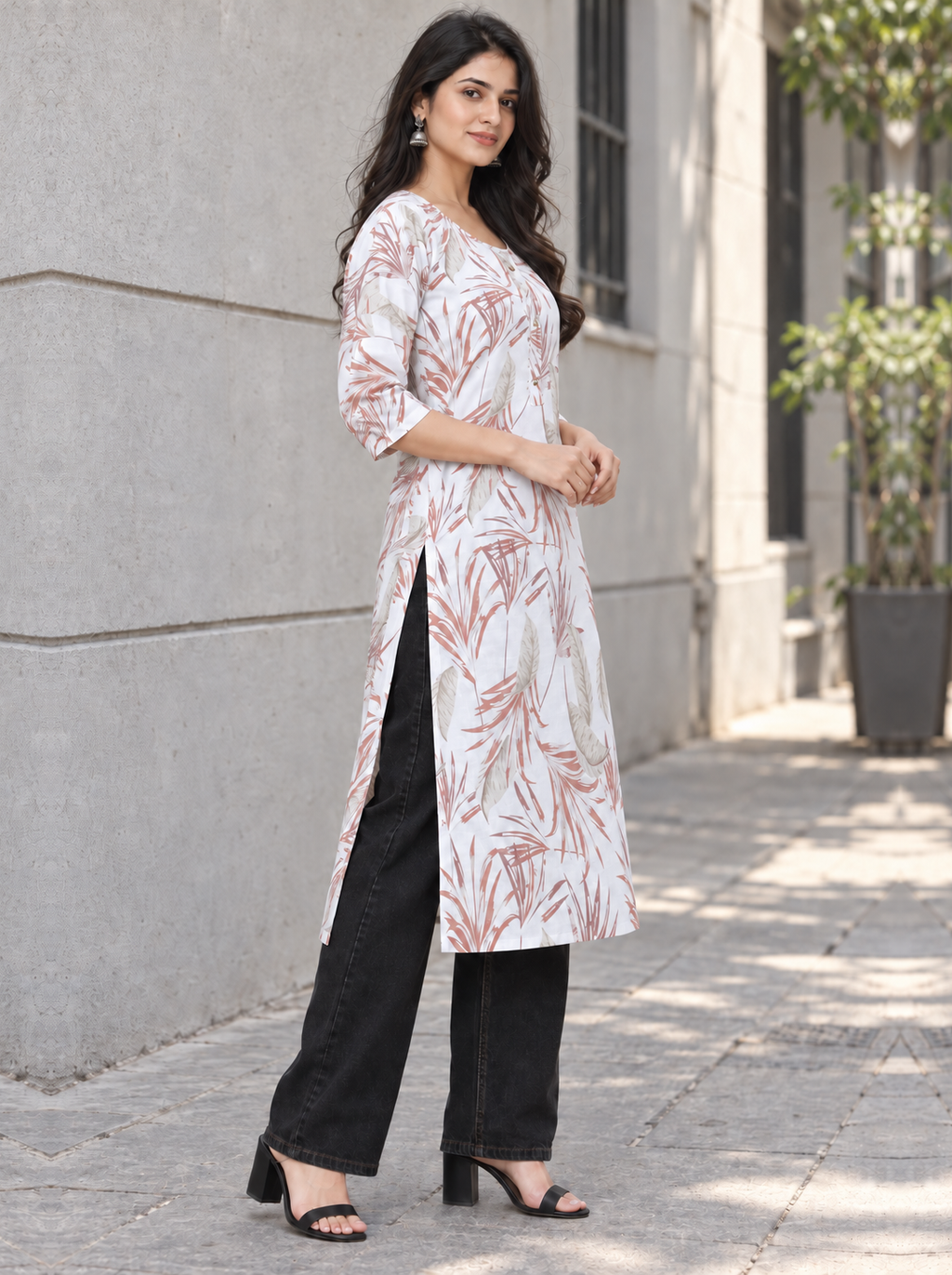 White Pastel Leaf Print Cotton Kurti - product view 2