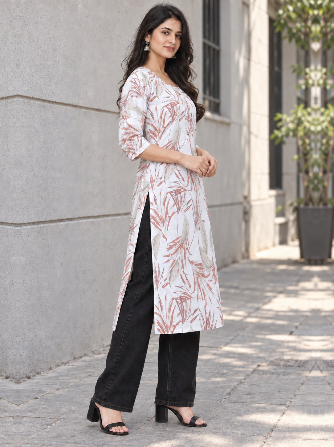 White Pastel Leaf Print Cotton Kurti - product view 2