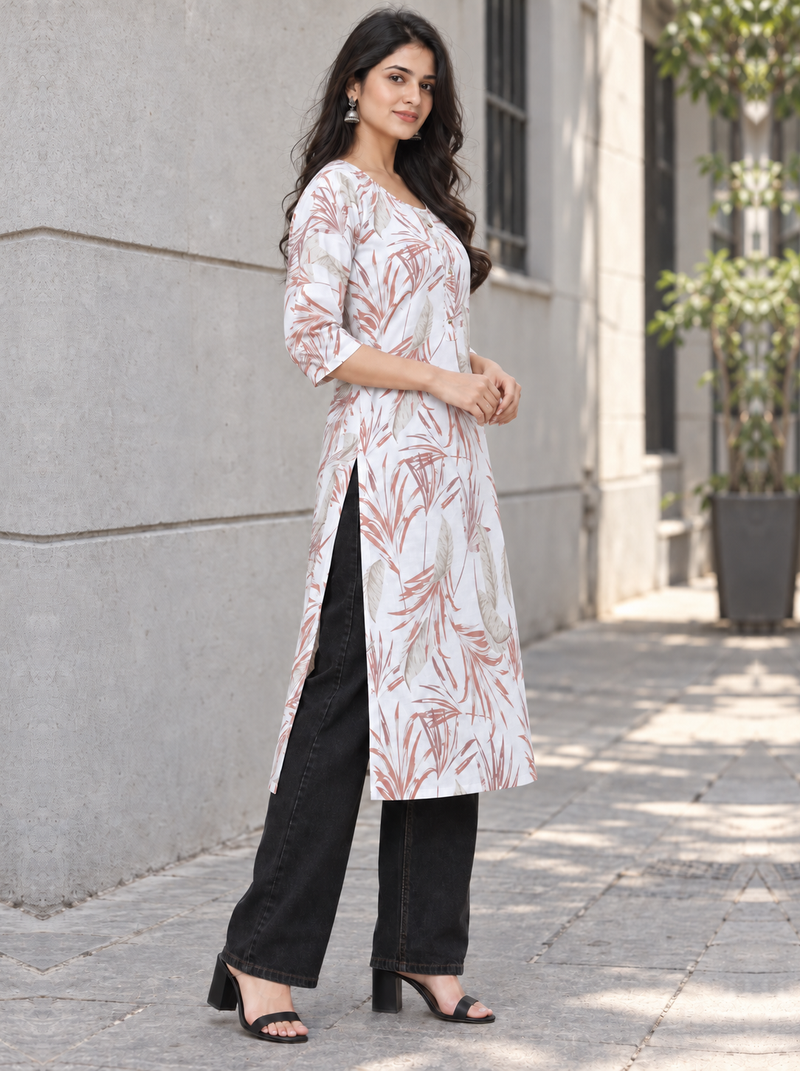 White Pastel Leaf Print Cotton Kurti