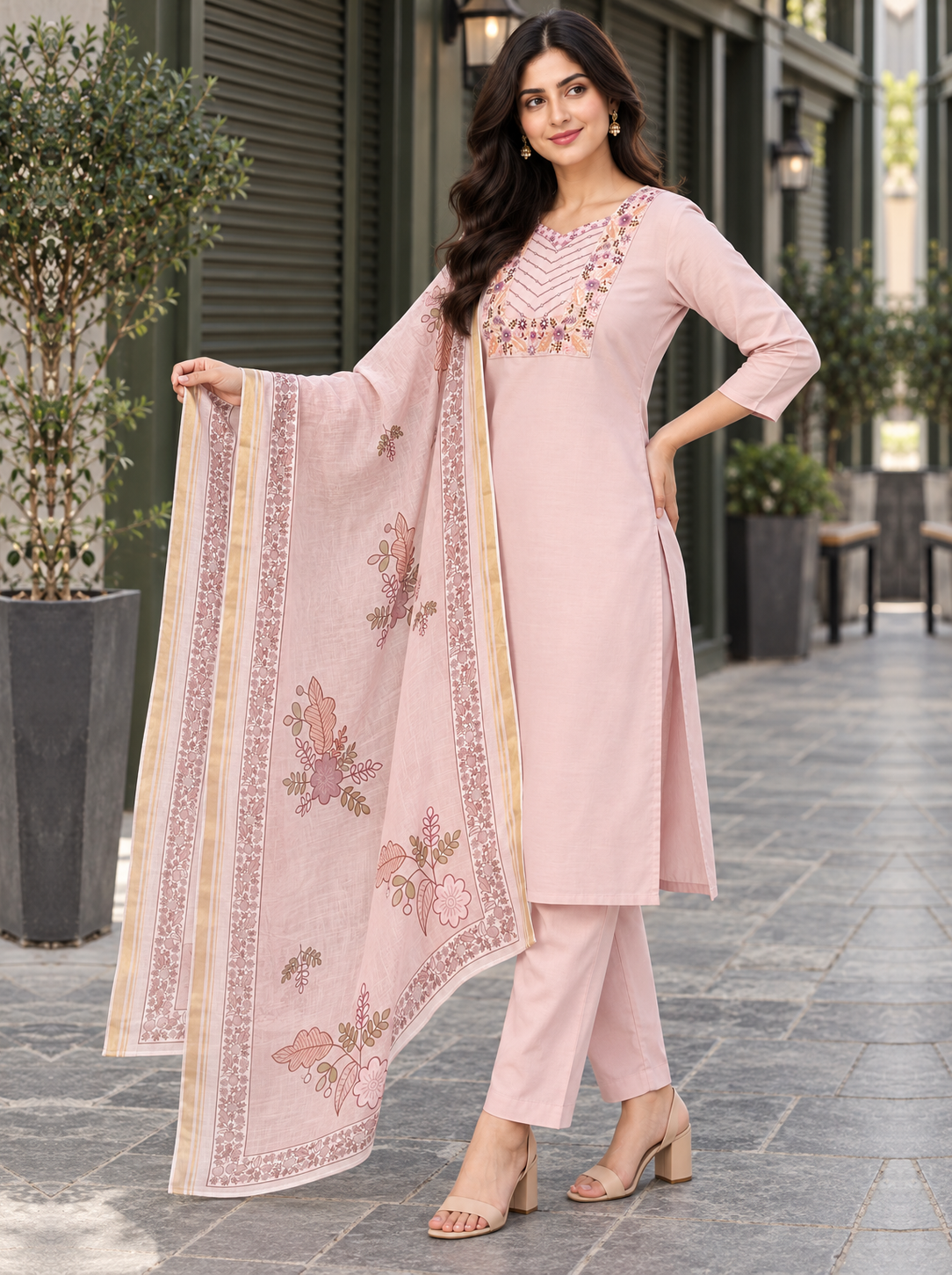 Blushing Peach Embroidered Chanderi Suit Set - product view 3