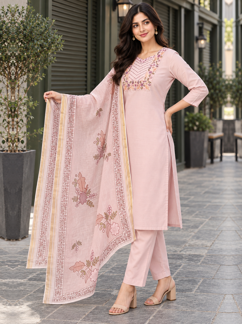 Blushing Peach Embroidered Chanderi Suit Set