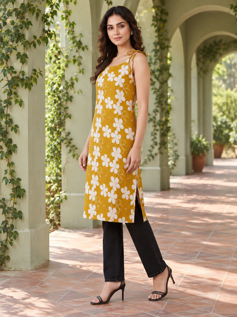 Mustard Floral Tie-Shoulder Cotton Kurti