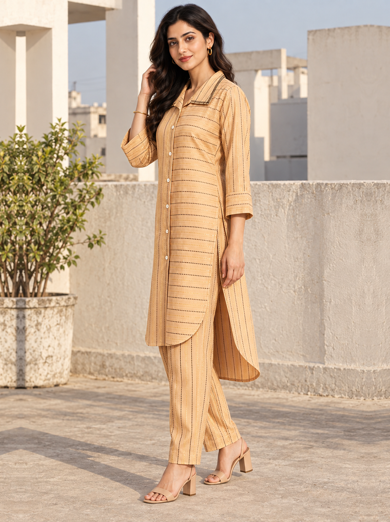 Light Brown Striped Cotton Co-ord Set