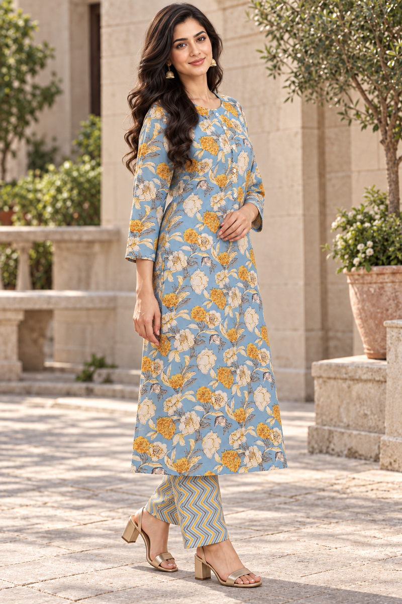Powder Blue Floral Poly-Cotton Kurta Set