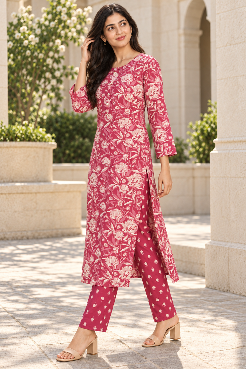 Onion Pink Floral Poly-Cotton Kurta Set