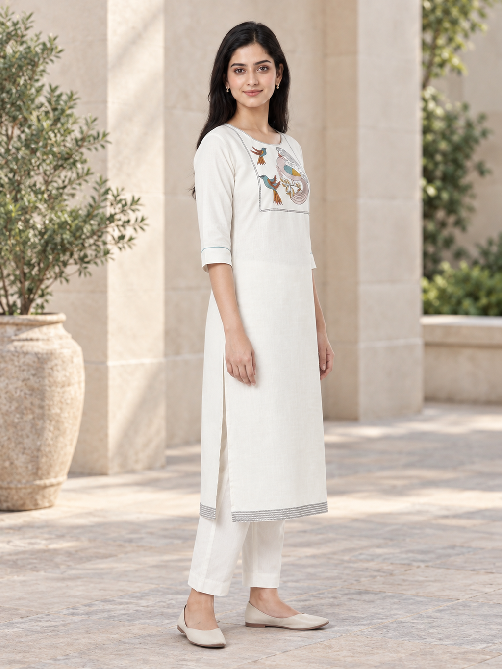 Off-White Bird Embroidered Cotton-Blend Kurti - product view 3