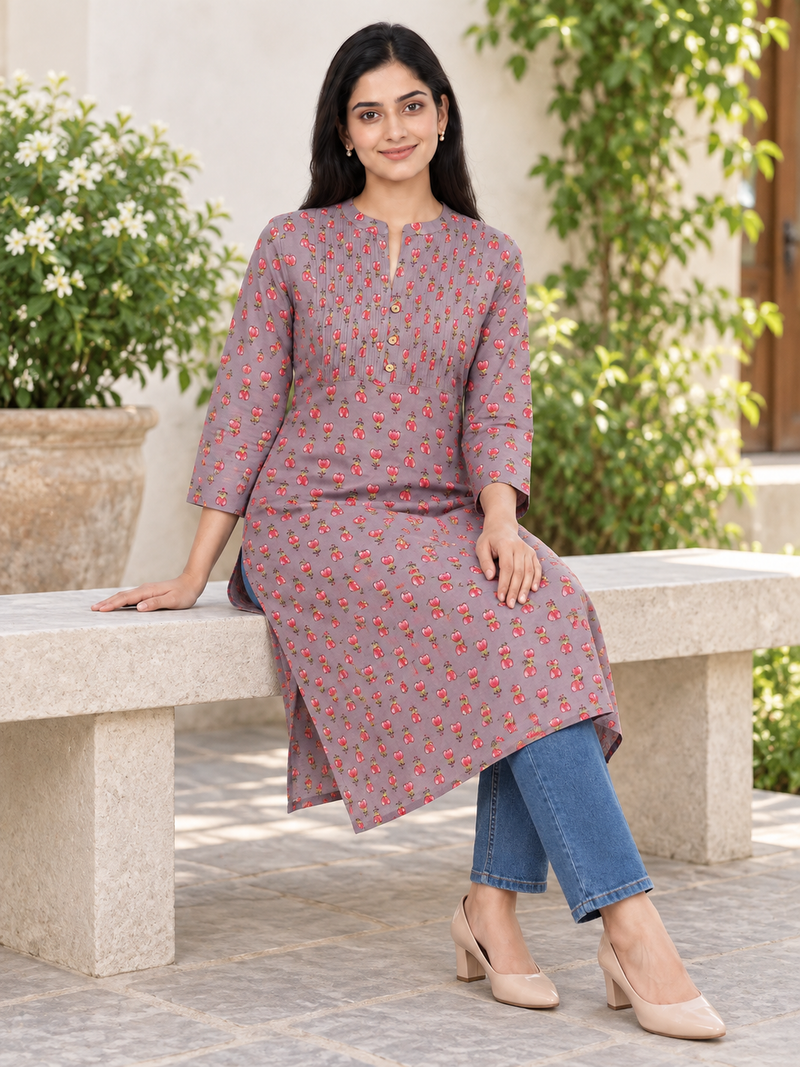 Dark Grey Tulip Print Cotton Kurti