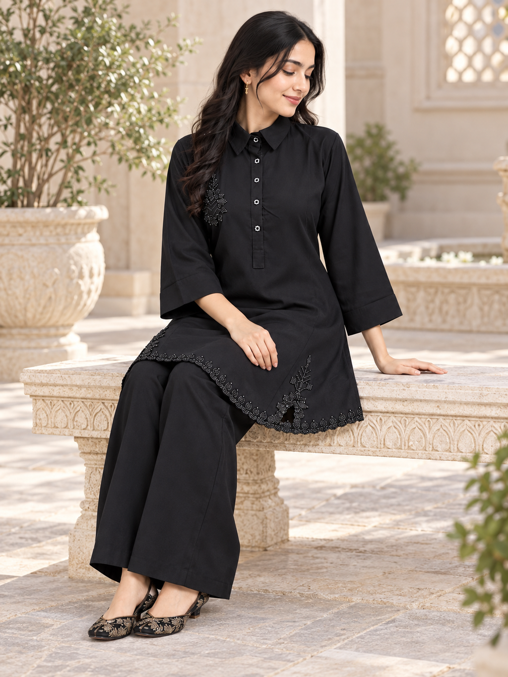 Bead-Embroidered Scallop Hem Co-ord Set in Black - product view 2