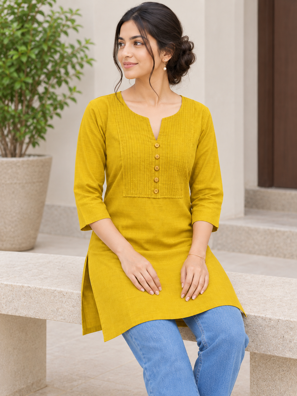 Mustard Pintuck Vatican Short Kurti - product view 4