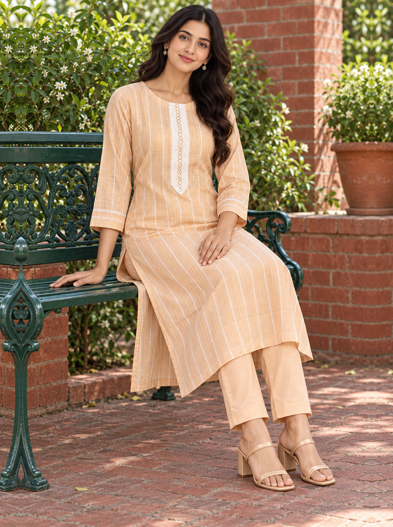 Light Orange Embroidered Cotton Kurta Pant Set