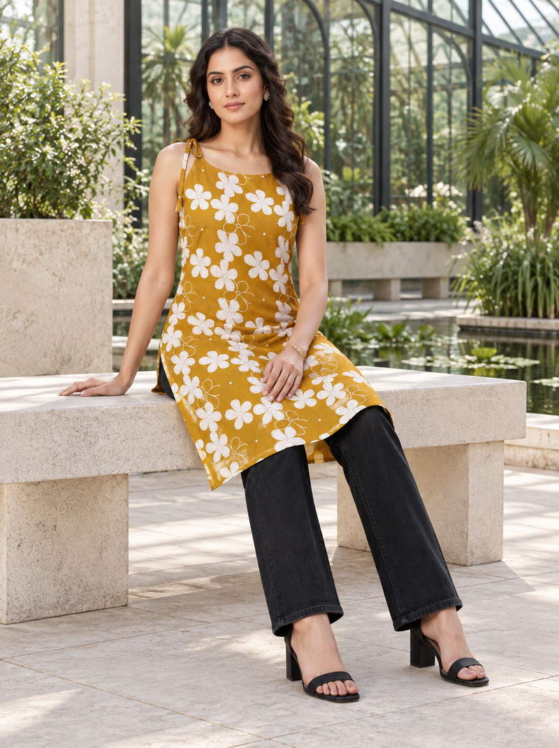 Mustard Floral Tie-Shoulder Cotton Kurti