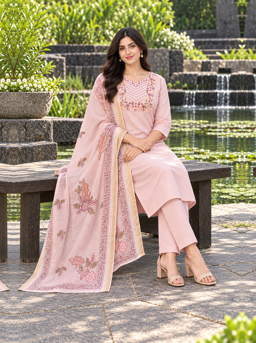 Blushing Peach Embroidered Chanderi Suit Set - product view 2