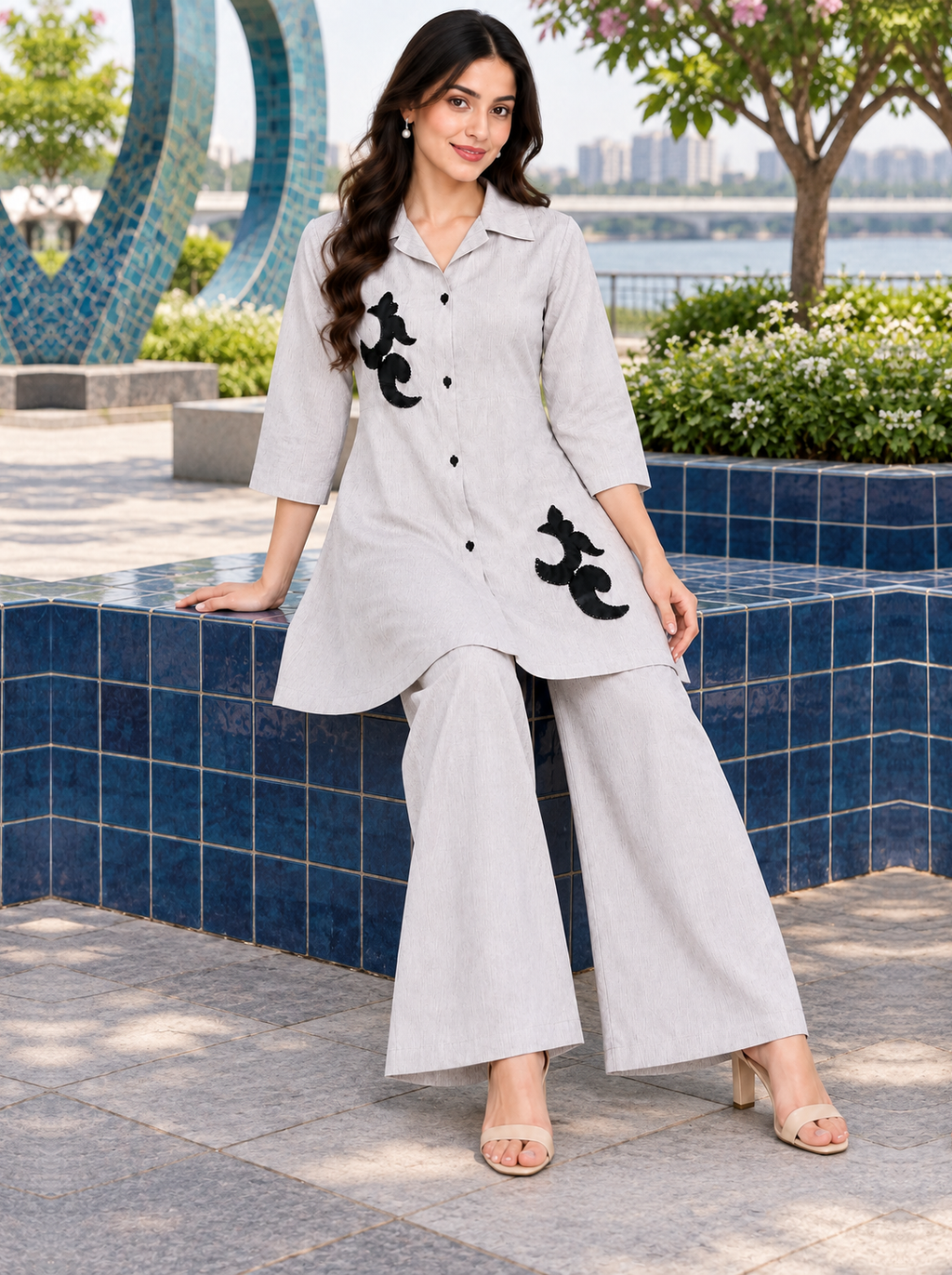 Embellished Shirt Co-ord Set in Pearl Grey - product view 2