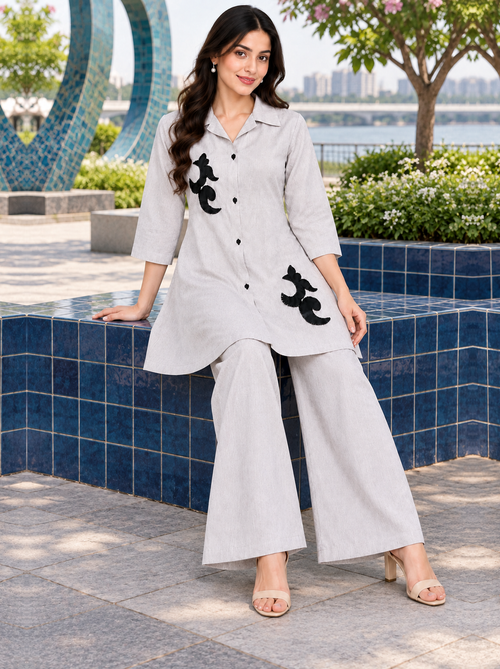 Embellished Shirt Co-ord Set in Pearl Grey - product view 2