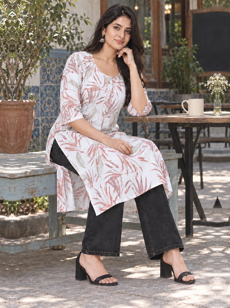 White Pastel Leaf Print Cotton Kurti