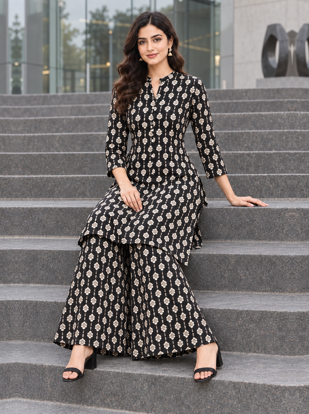 Black Printed Rayon Kurta Palazzo Set - product view 5