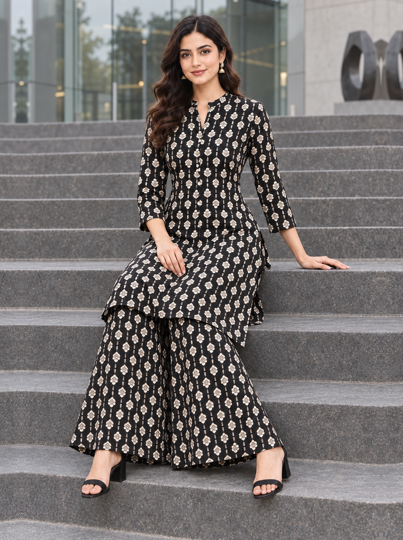 Black Printed Rayon Kurta Palazzo Set